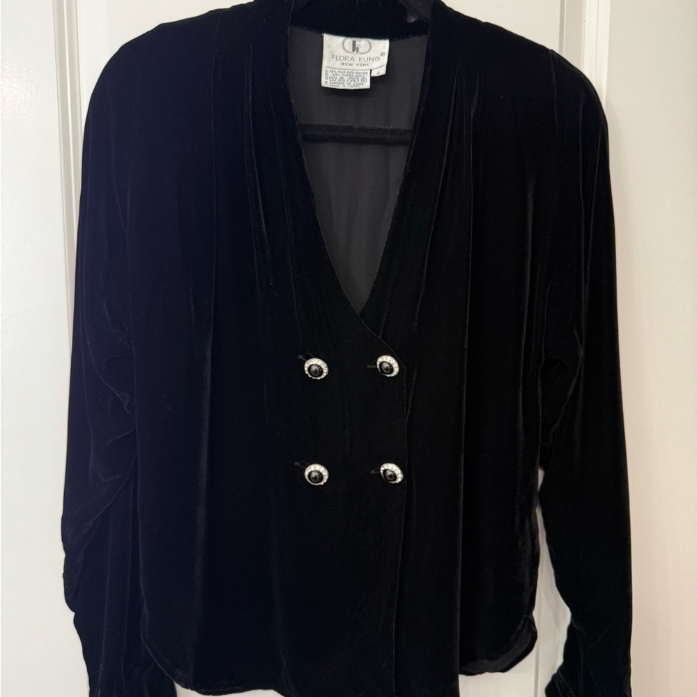 Vintage Silk Blend Black Velvet Women's Jacket with Rhinestone Buttons